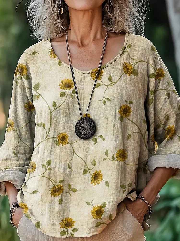 Women's Vintage Lovely Sunflowers Art Print Casual Cotton And Linen Shirt