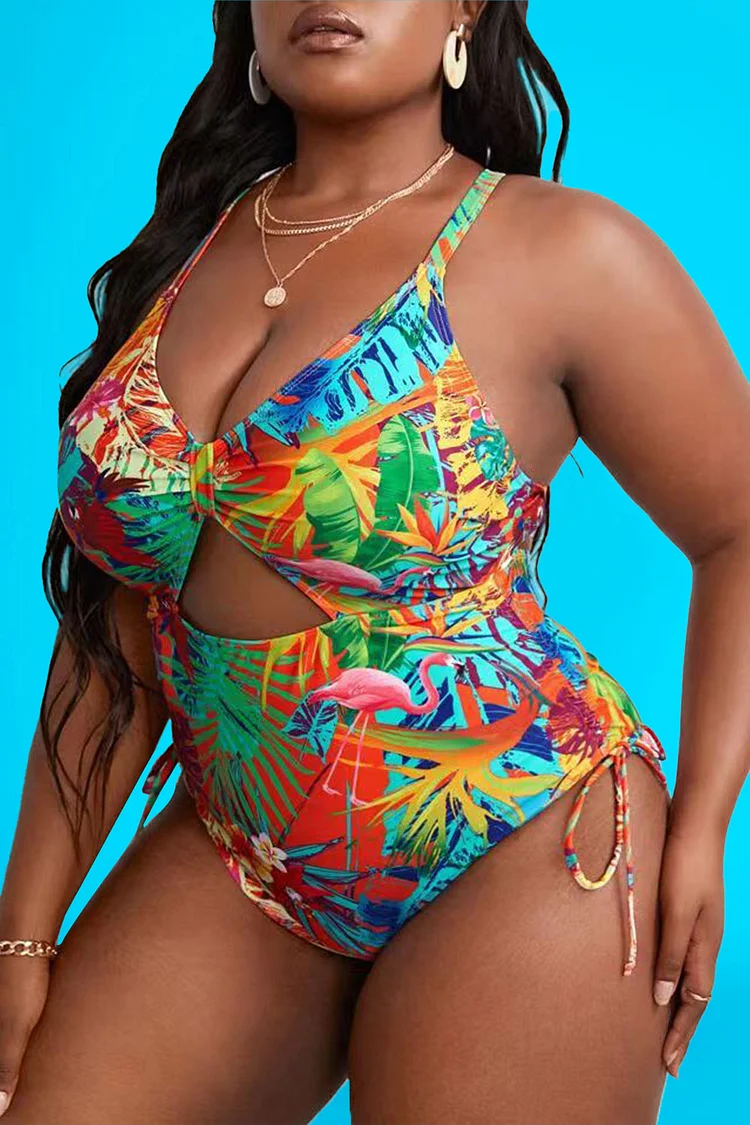 Plus Size Vacation Swimsuit Orange Tropical Spring Summer V Neck Cut Out Swimsuit
