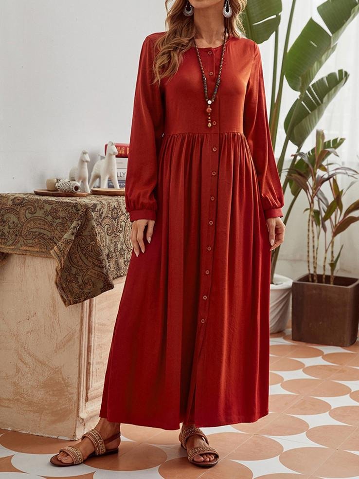 Women Long Sleeve Scoop Neck Button Dress