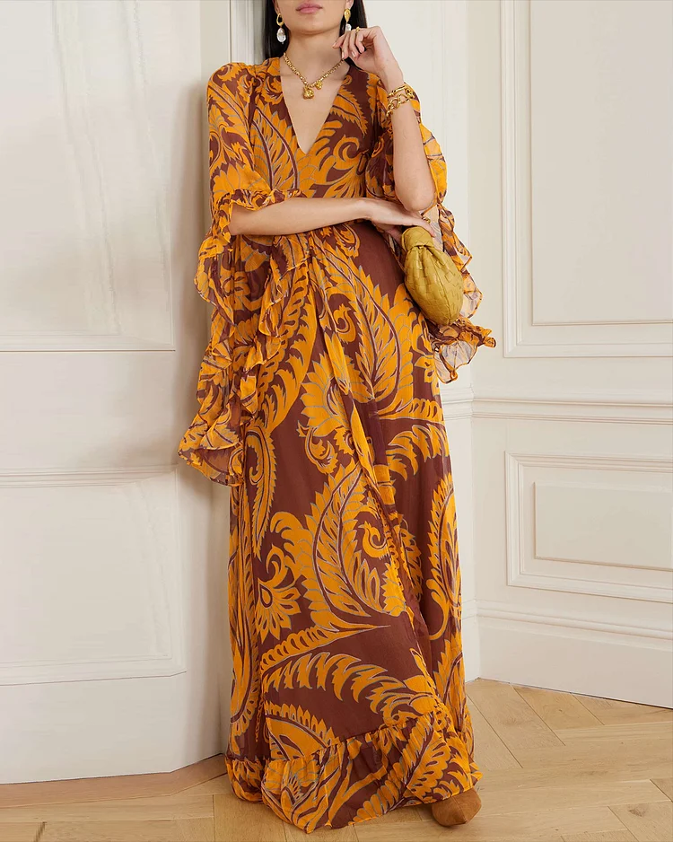Women's V-neck trumpet sleeves printed Dress