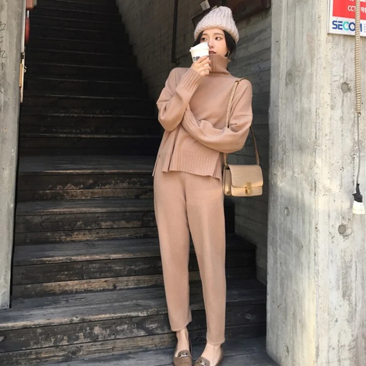 Women Winter Suit Sweater Tracksuit Knitted Turtleneck Clothes 2 Pieces Set Pants Ladies Loose Clothing Suits Female 2019