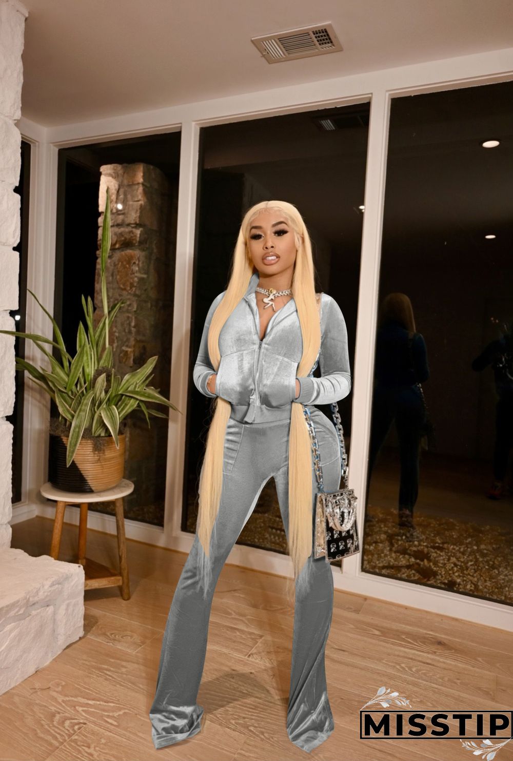 Velvet Solid Zip Jacket Crop Top Flared Pants Set