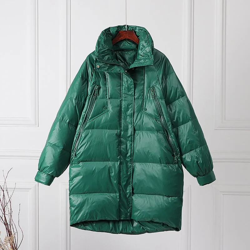 FTLZZ White Duck Down Long Jacket Woman Stand Collar Coat Winter Loose Waterproof Down Overcoat Parka Female Warm Snow Outerwear