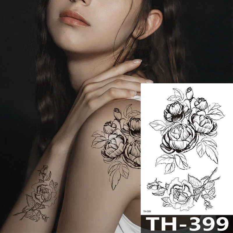 Rose Peony Flower Girls Temporary Tattoos For Women Waterproof Black Tattoo Stickers 3D Blossom Lady Shoulder DIY Tatoos