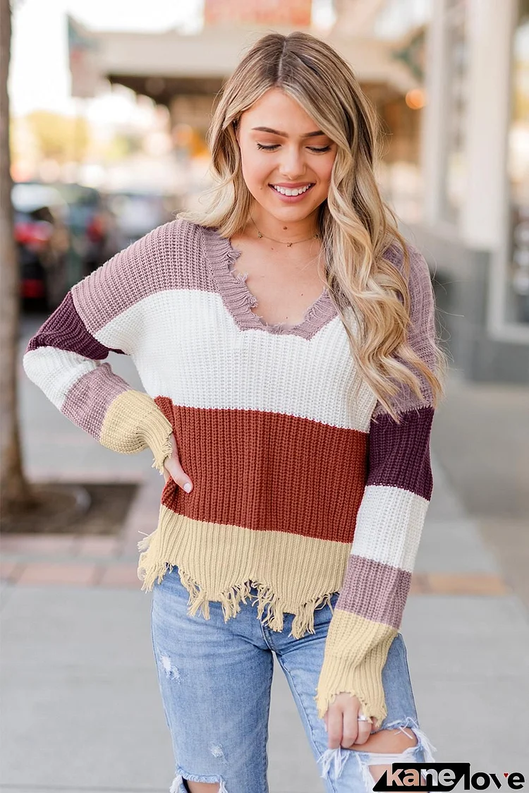 Red Colorblock Distressed Sweater