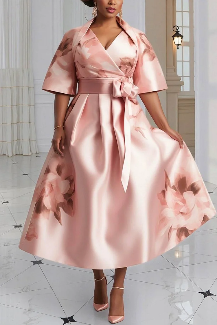 Xpluswear Design Plus Size Mother Of The Bride Pink Floral Wrap Neck Short Sleeve Pocket Elegant 3D Satin Midi Dresses [Pre-Order]