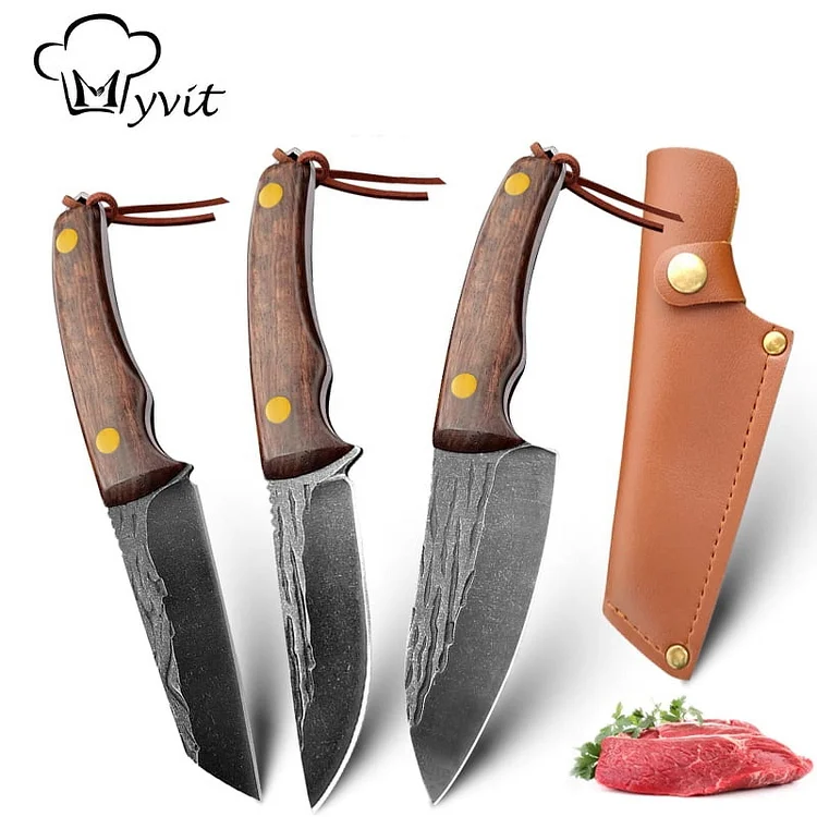 MYVIT Hunting Knife 3 Piece Set 3.5 Inch Full Tang Fixed Blade Knife Wooden Handle with Lanyard and Leather Scabbard Jungle Survival Butcher Knife
