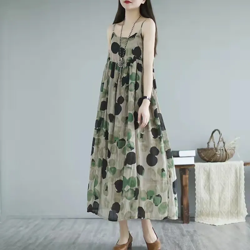 Brownm Brownm Summer Halo Staining Wave Point Long Sling Dress Large Swing Temperament Flowing Thin Literary Long Dress