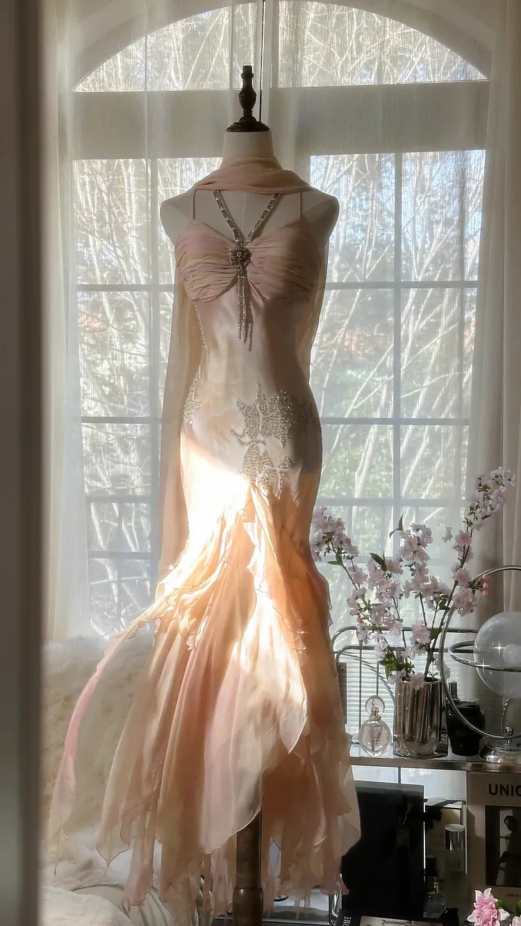 Lit Pink Gorgeous Exquisite Beading Spaetti Strap Long Chiffon Satin Ball Gown Evening Dress Birthday/Holiday Party Dress Prom Dress