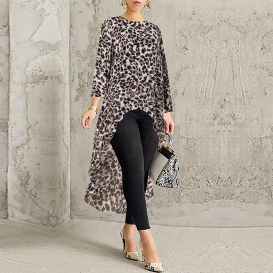 Plus Size Fashion High Low Leopard Blouse Shirt Loose Tops Casual Autumn Winter Ladies Female Women Long Sleeve Blusas Pullover