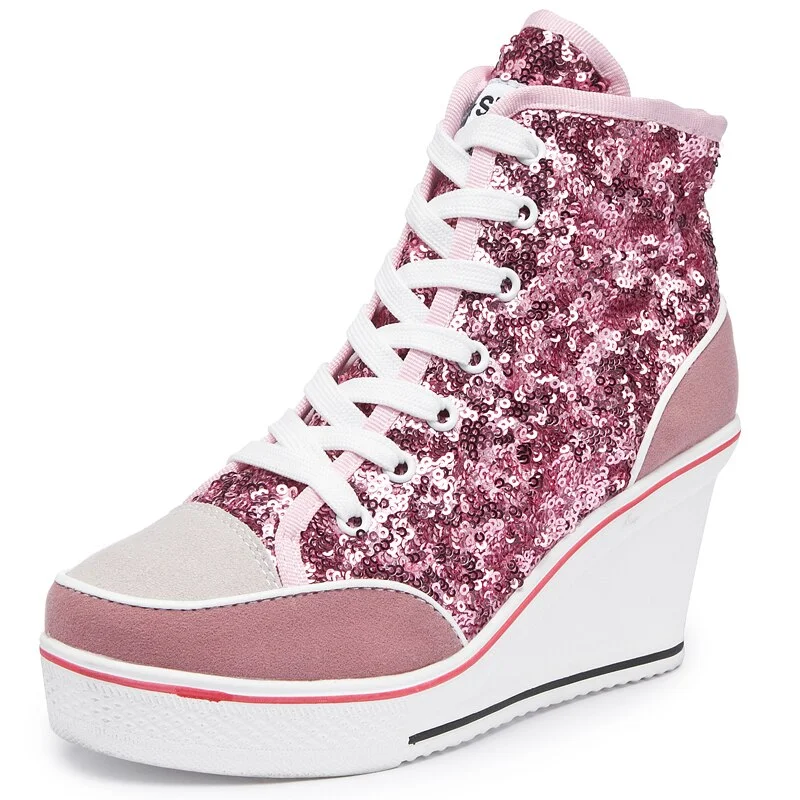 2020 Spring Autumn Women's Shoes Pink Black Silver Glitter Vulcanize Shoes Woman Platform Wedge Sneakers Casual Zapatos De Mujer