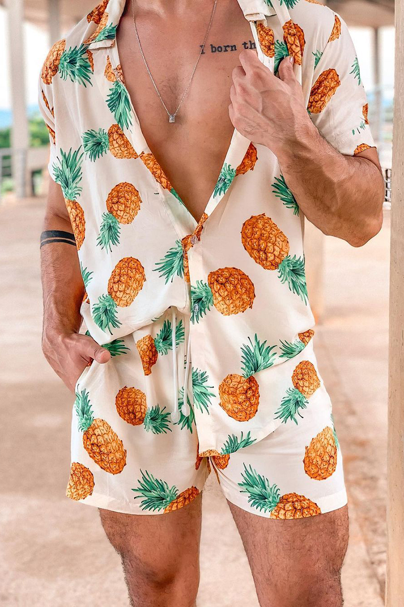 Pineapple Print Vacation Loose Fit Shirt Shorts Two Piece Set