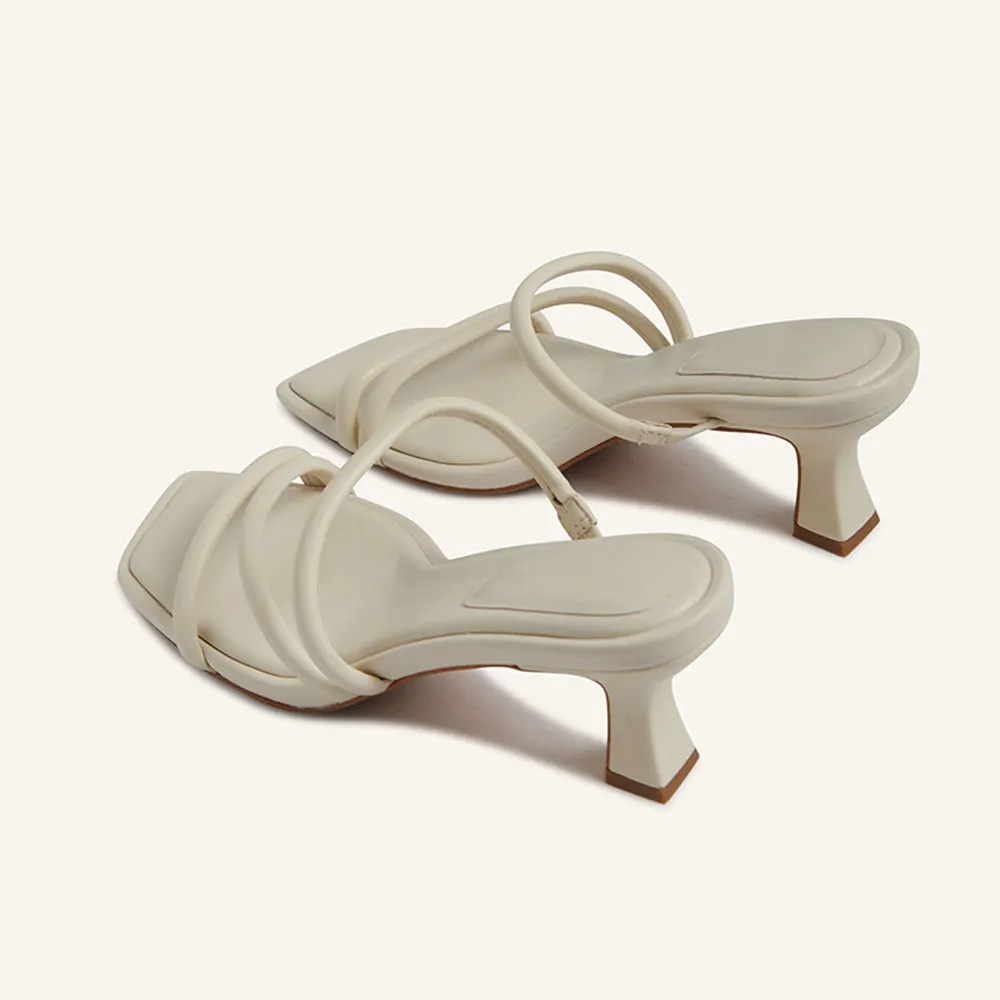 Ivory Open Square Toe Strappy Kitten Heel Simple Mules Sandals