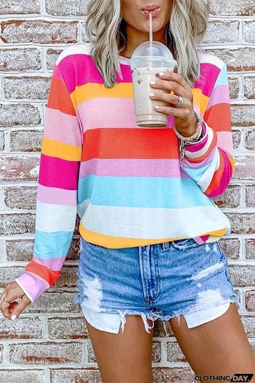 Rainbow Stripe O Neck Long Sleeve T Shirt
