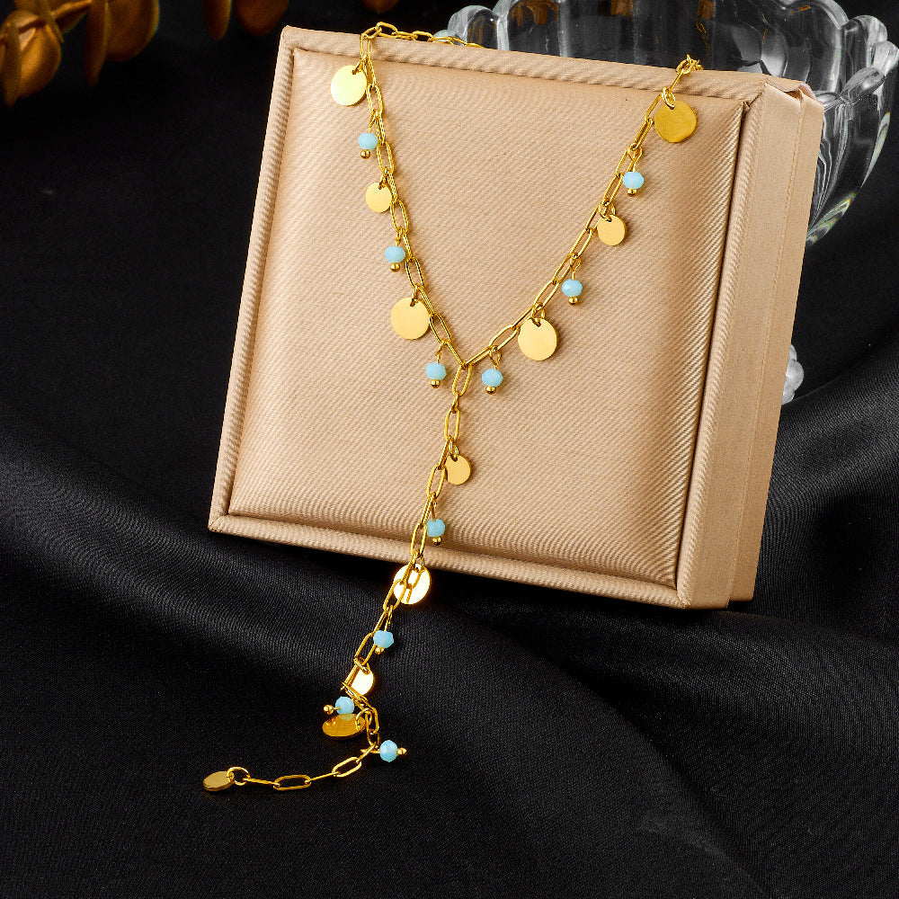 Small Design Versatile Simple Stainless Steel Diamond-Studded Love Disc Accessories Y-Shaped Long Tassel Necklace