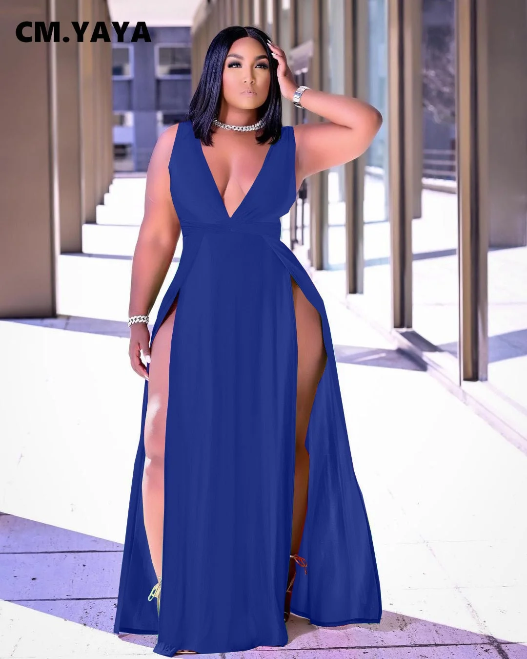 CM.YAYA Women Long Dress Solid Sleeveless V-neck Loose Splited Maxi Dresses Sexy Fashion Vestidos Streetwear Summer Outfits 2021