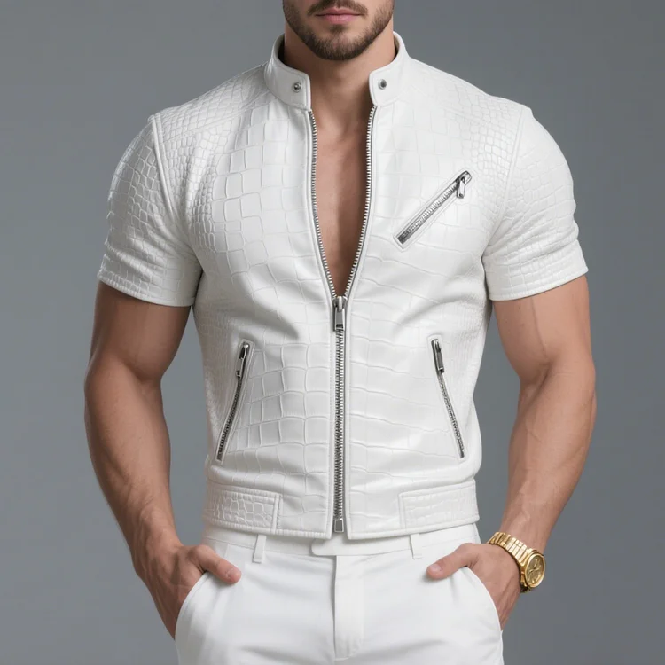 Okaywear PU Leather Crocodile Pattern Zipper Pocket Short Sleeve Jacket Okaywear