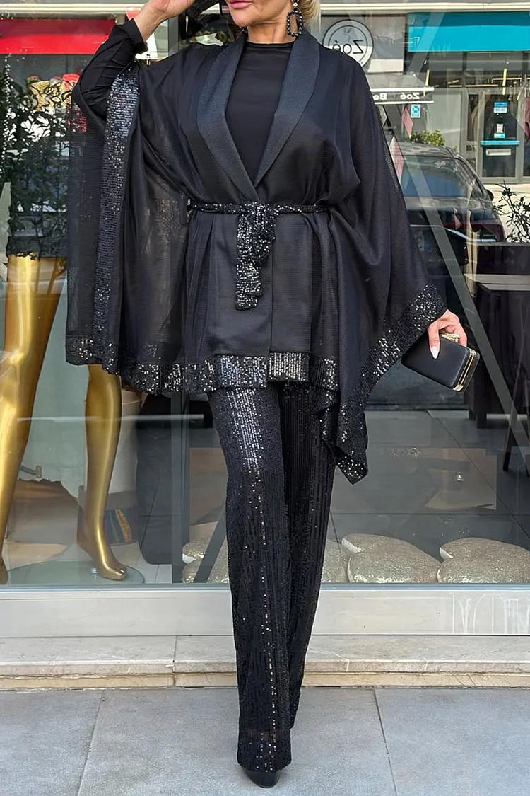 Plus Size Business Casual Black Long Sleeve Wrap Vintage Contrast Tulle Sequin Two Piece Pant Sets [Pre-Order] 2024 - Xpluswear