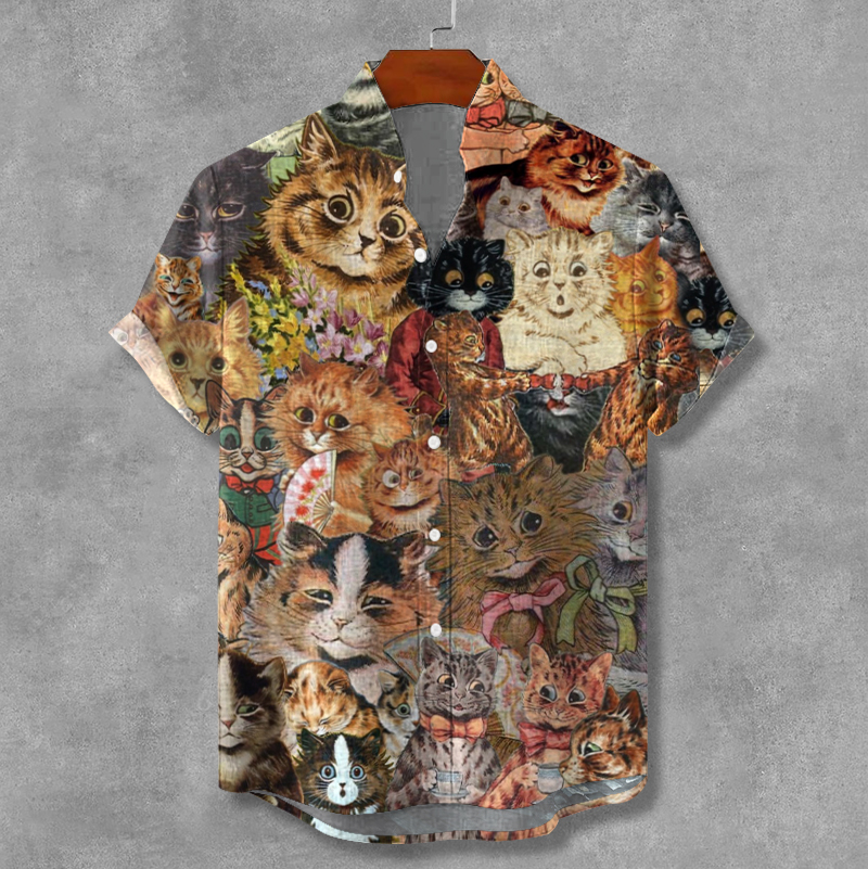 Comstylish Retro Cat Encyclopedia Abstract Art Linen Shirt