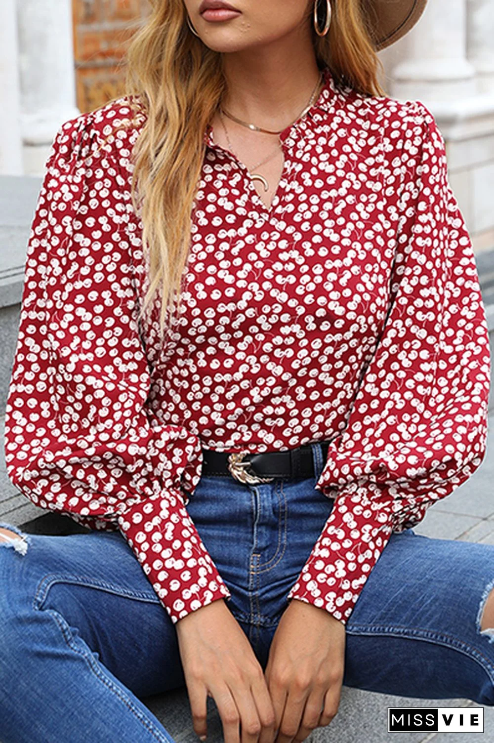 Elegant Print Split Joint V Neck Tops