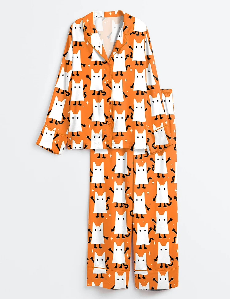 Women&rsquo;s Halloween Ghost Kittens Cat Long Sleeve Satin Pajama Set