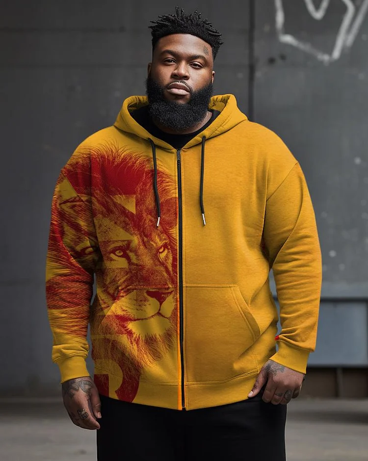 Men s Plus Size Yellow Lion Zip Hoodie