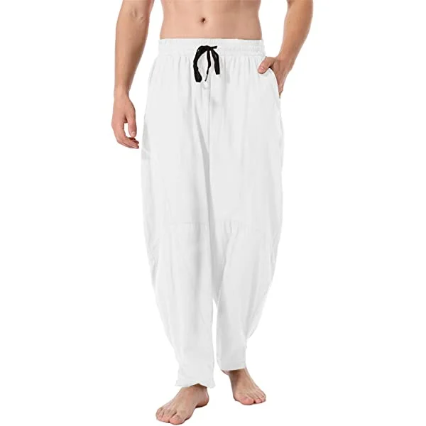 Men's Linen Cotton Loose Fit Casual Lightweight Elastic Waist Summer Beach Pants