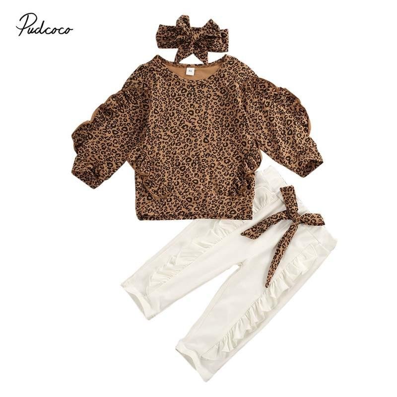 2020 Baby Spring Autumn Clothing Kid Baby Girl Clothes Ruffle Leopard Long Sleeve Shirt Tops Leggings Pants Outfit Set Tracksuit