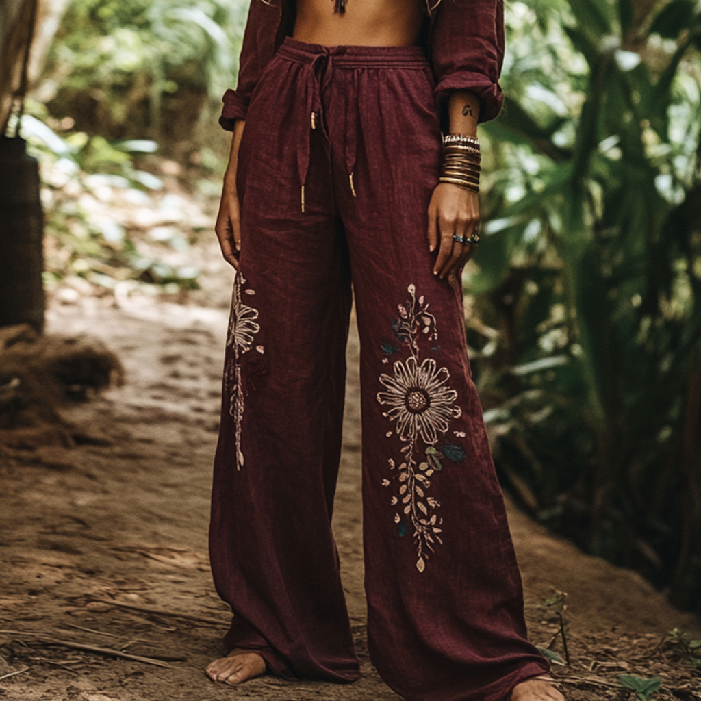 Vintage Bohemian Holiday Style Floral Art Printed Cotton Linen Wide Leg Pants