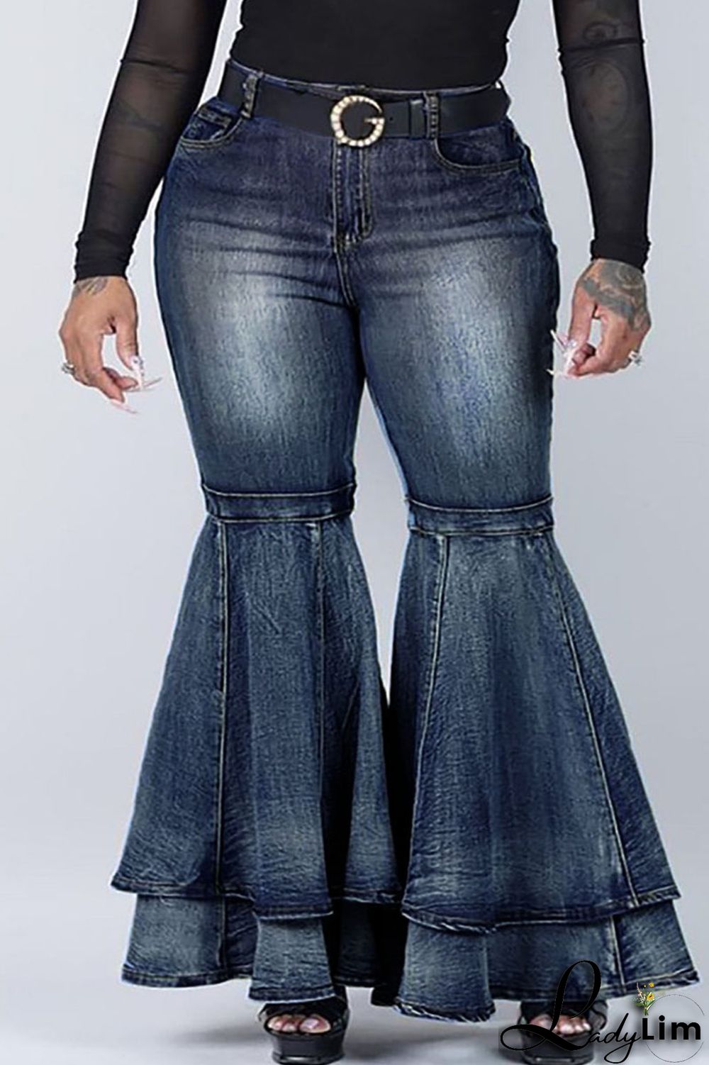Black Street Solid Patchwork Plus Size Jeans
