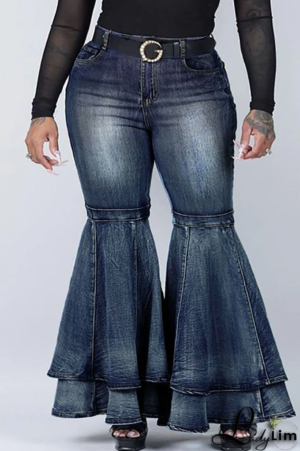 Blue Street Solid Patchwork Plus Size Jeans