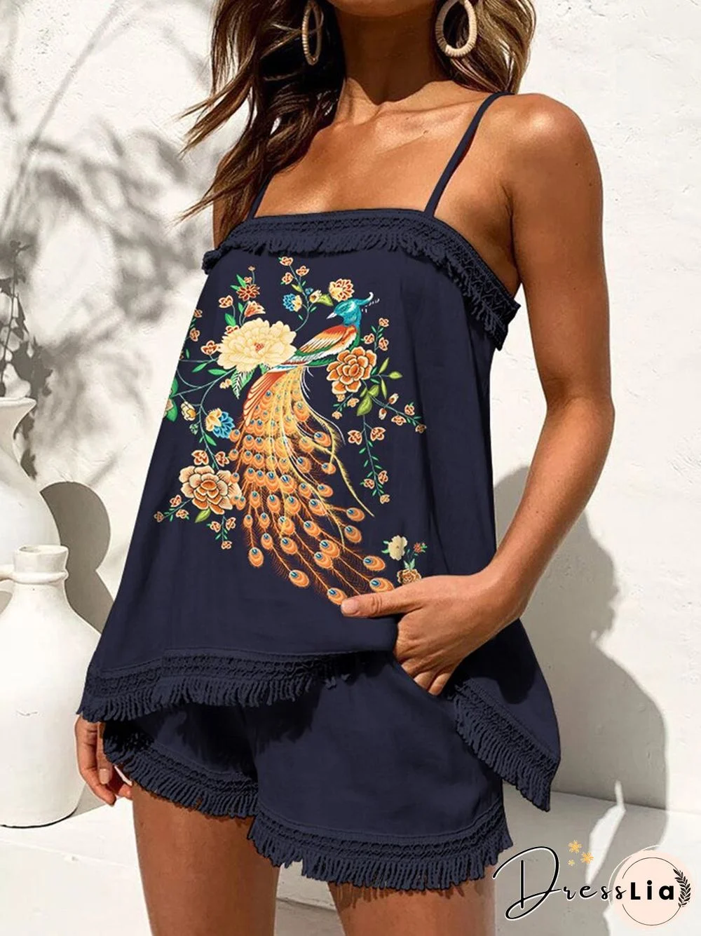 Women Sleeveless Loose Two Piece Set Lady New Club Lace Stitching Outfit Summer Sexy Sling Top + Shorts Printed Beach Suit