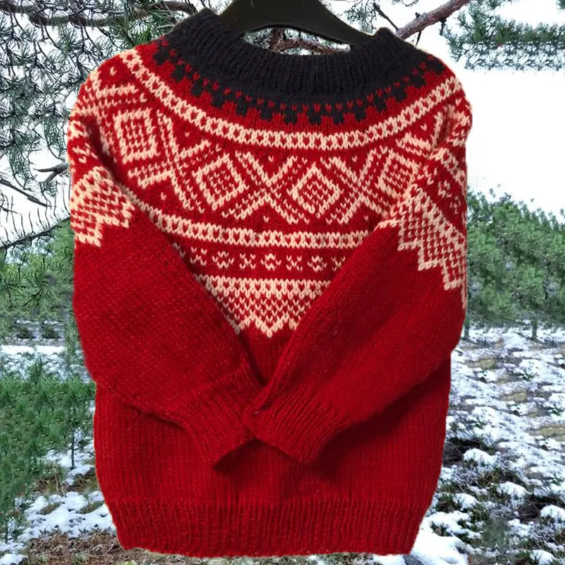 Unisex Vintage Icelandic Red Knit Jacquard Warmth Crew Neck Sweater