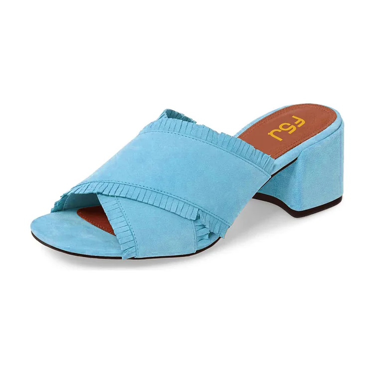 Women's Light Blue Peep Toe Mule Fringe Block Heel Sandals |FSJ Shoes