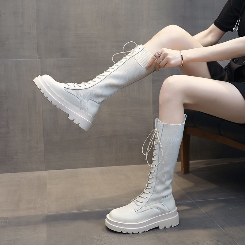 Women Sock Boots Autumn Lace up Mid Calf Boots Female High Platform Sock Shoes Fashion Beige Stockings Boots  Mid-calf