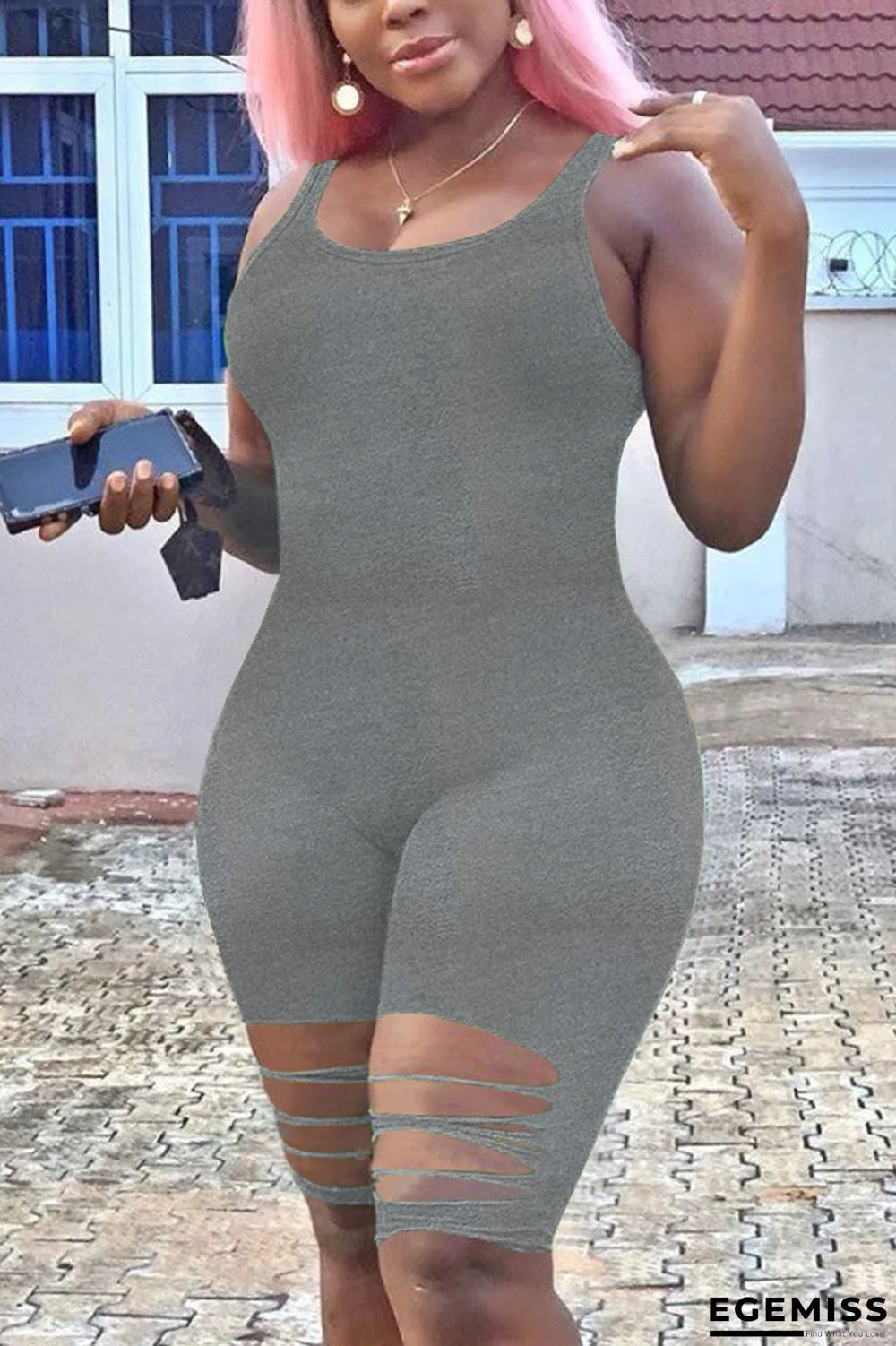 Grey Fashion Sexy Sleeveless Broken Hole Romper | EGEMISS