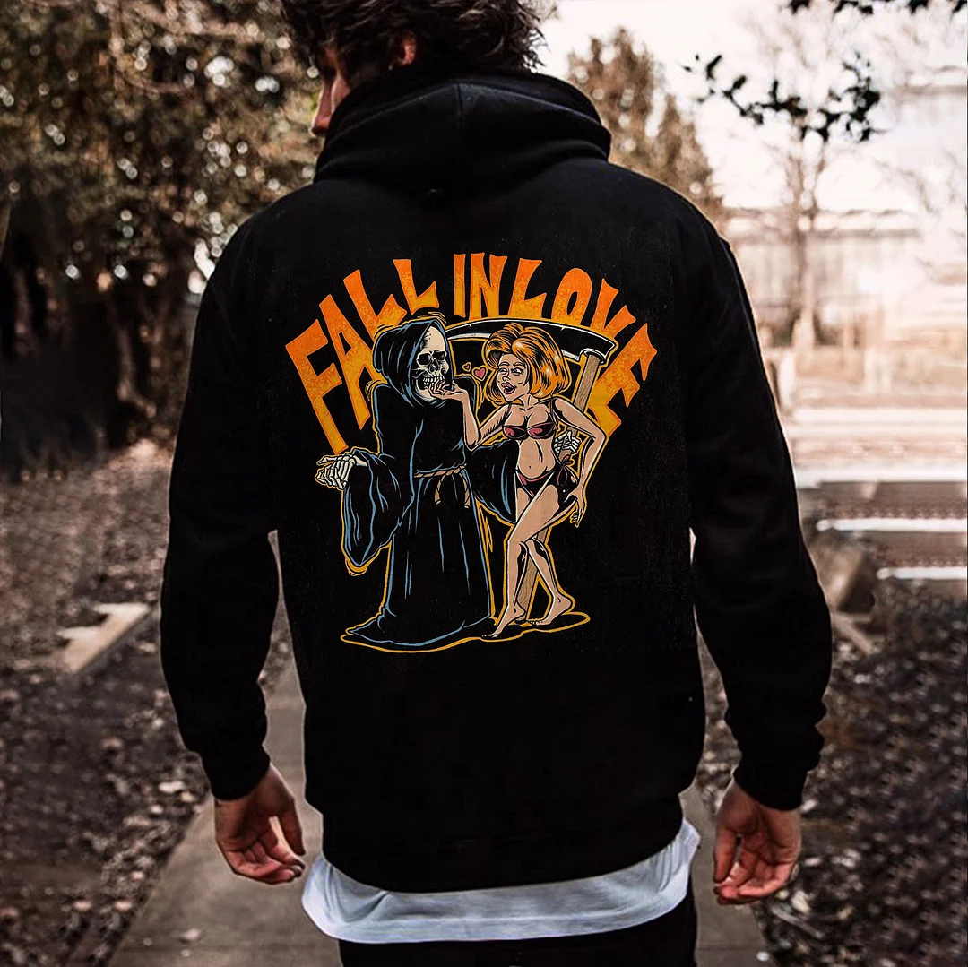 FALL IN LOVE Skull and Lady Letter Black Print Hoodie