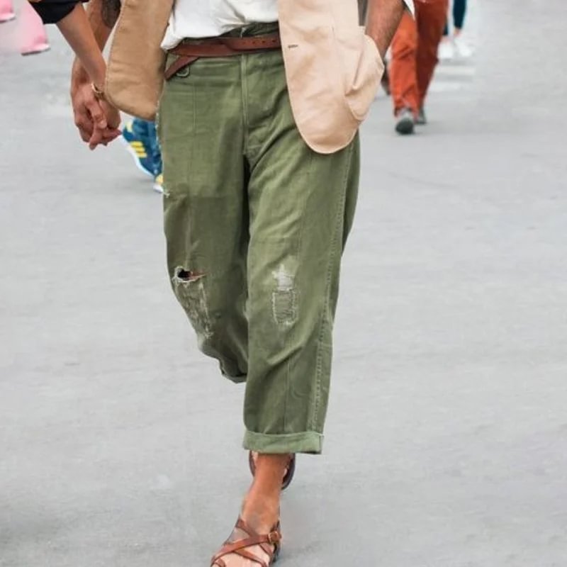 Retro Straight Cotton Linen Ripped Straight Pants