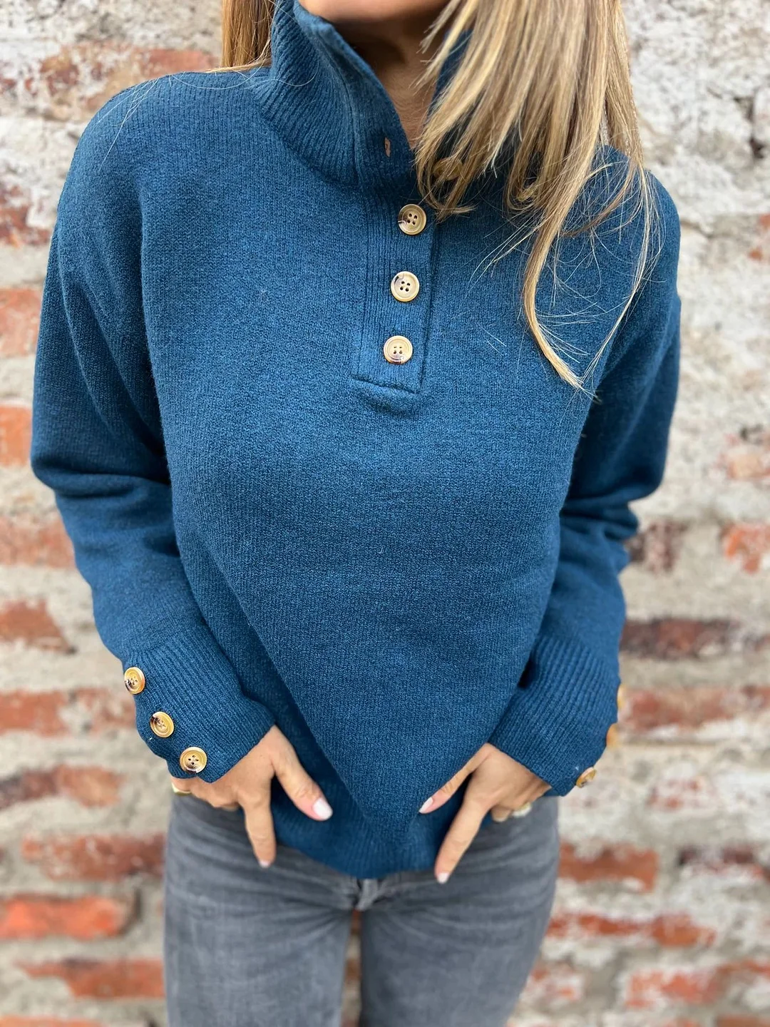 Nigikala Nigikala Li-Necked Knitwear In Autumn/Winter 2025 Solid Color Buttons Casual Loose Sweater For Women