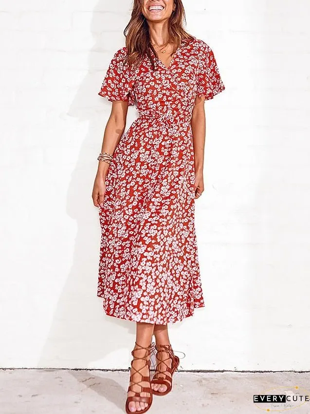 Casual Dress Wrap Line Floral Ditsy Lace Split Neck Midi Fashion Streetwear Outdoor Daily