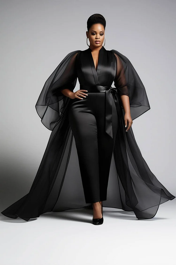 Xpluswear Design Plus Size Formal Tulle Black V Neck Puff Sleeve 3/4 Sleeve See Through Peplum Satin Jumpsuits [Pre-Order]