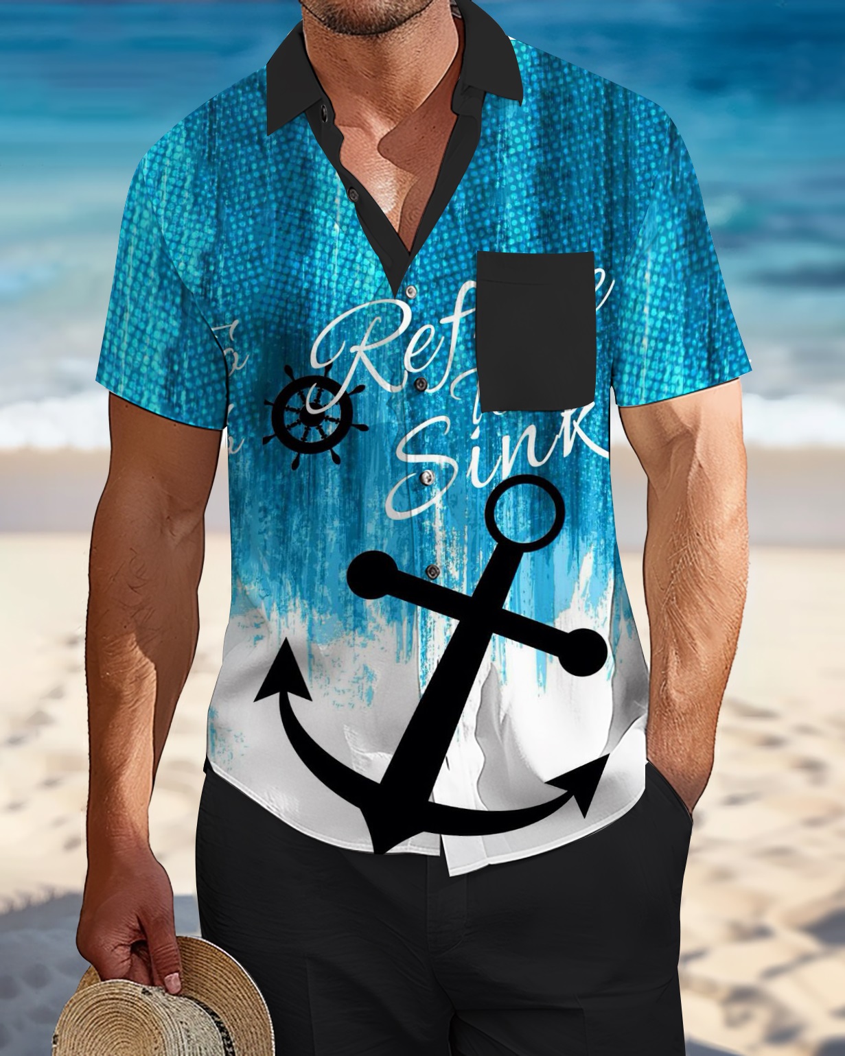 Men's Anchor Color Block Casual Resort Breast Pocket Shirt