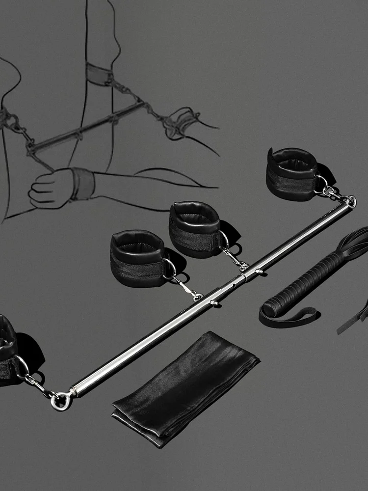 pornhint Pornhint BDSM Bondage Restraint Kit - 4-Point Spread Bar, Leather Wrist & Ankle Cuffs, Leg Spreader, Flogger, Blindfold BDSM Bondage Sex Toys lego butt plug
