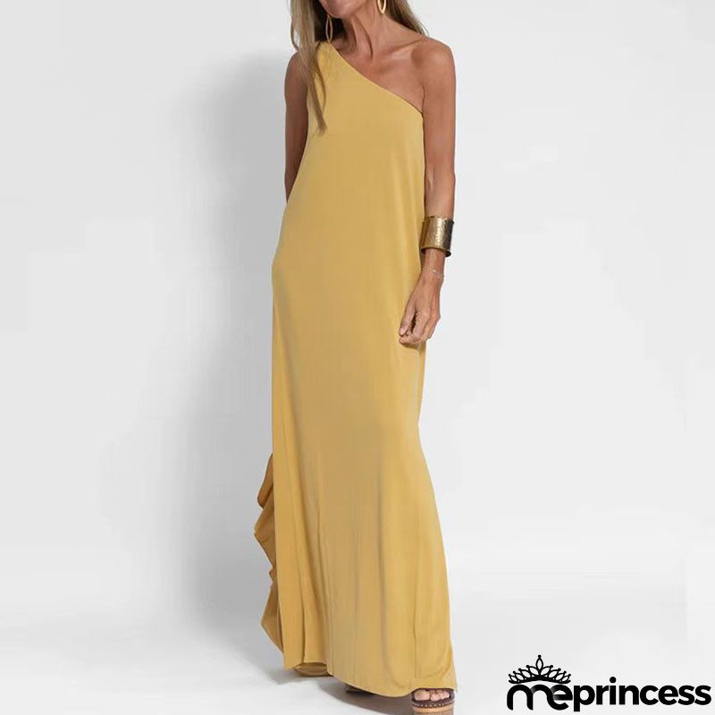 Women Casual Fashion Summer Vacation Slanted Shoulder Solid Color Loose Maxi Dress