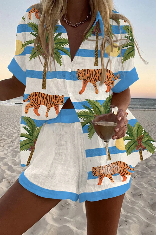 Tiger and Coconut Tree Print Loose Button Elastic Waist Shorts Set