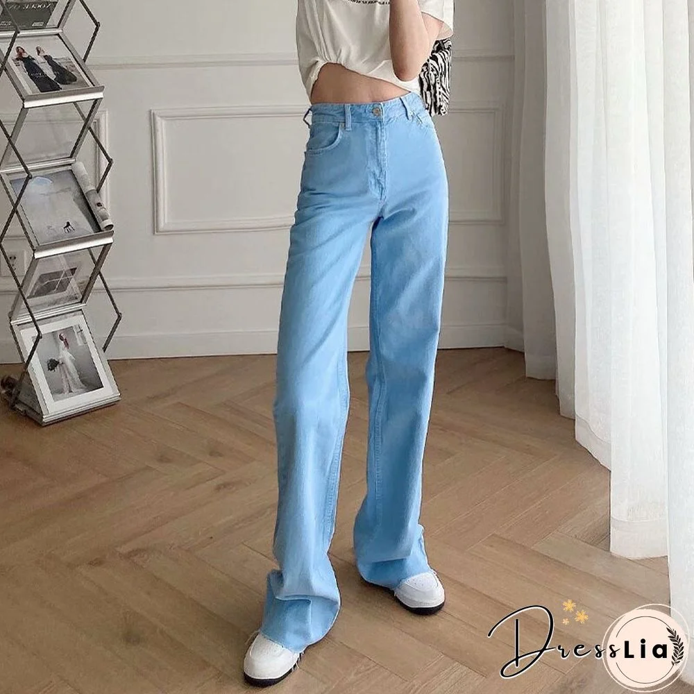 Spring Autumn Women Vintage Blue Pink Denim Trousers Casual Solid Pockets High Waist Straight Jeans Pants Ladies Mujer