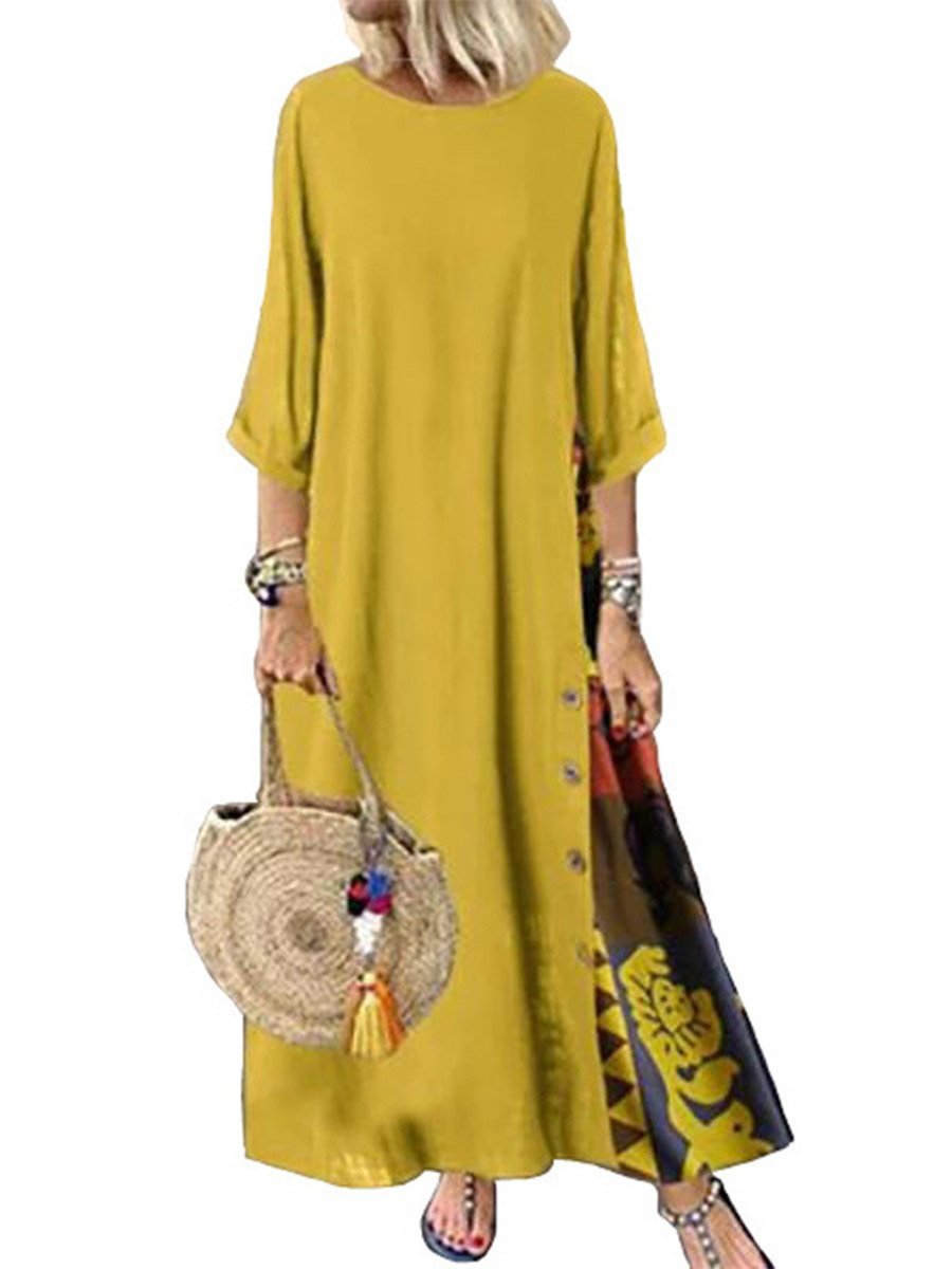 Maxi Dress Florist Crew Neck Contrasted Sew Button Three Quarter Sleeve for Women