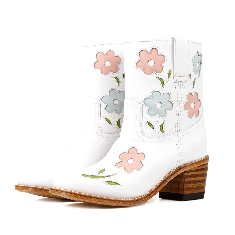 Elegant Square Toe Stitching Flower Cowgirl Heeled Booties in White