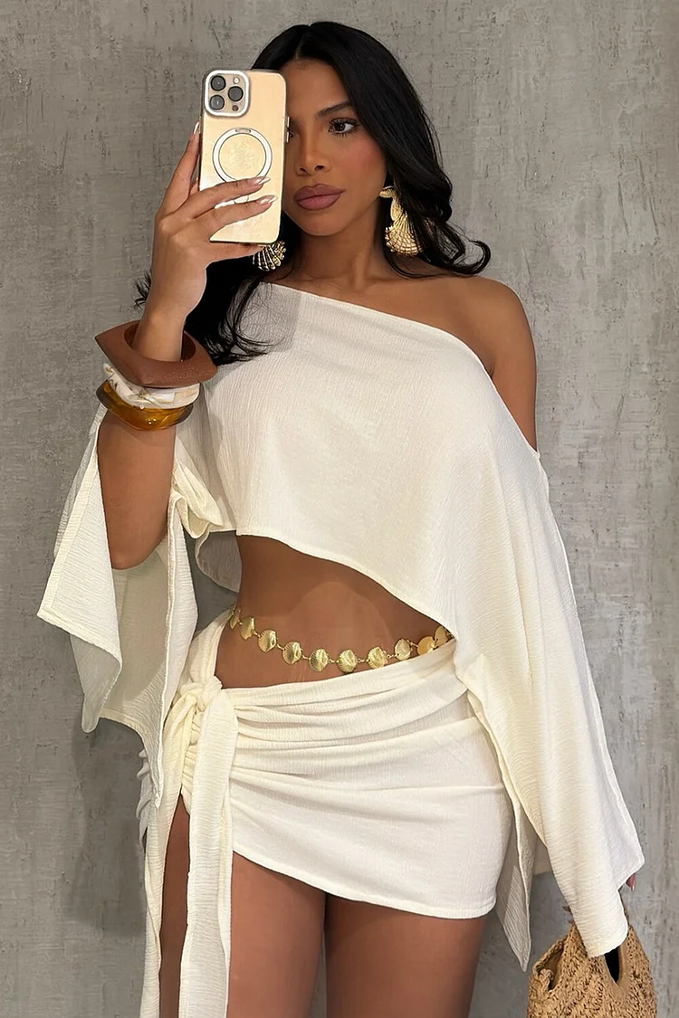 Solid Color Off Shoulder Slit Long Sleeve Crop Top Ruched Mini Skirt Set-Brown