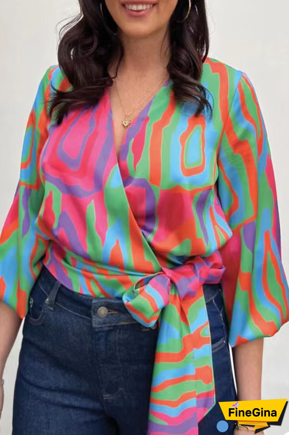 Fashion Print Patchwork V Neck Tops